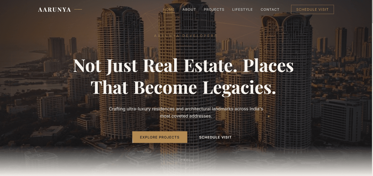 Aarunya Developers luxury real estate website showcase by ChaiCodeStudio
