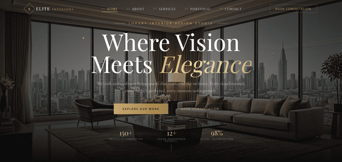 Elite Interiors luxury interior design website showcase by ChaiCodeStudio