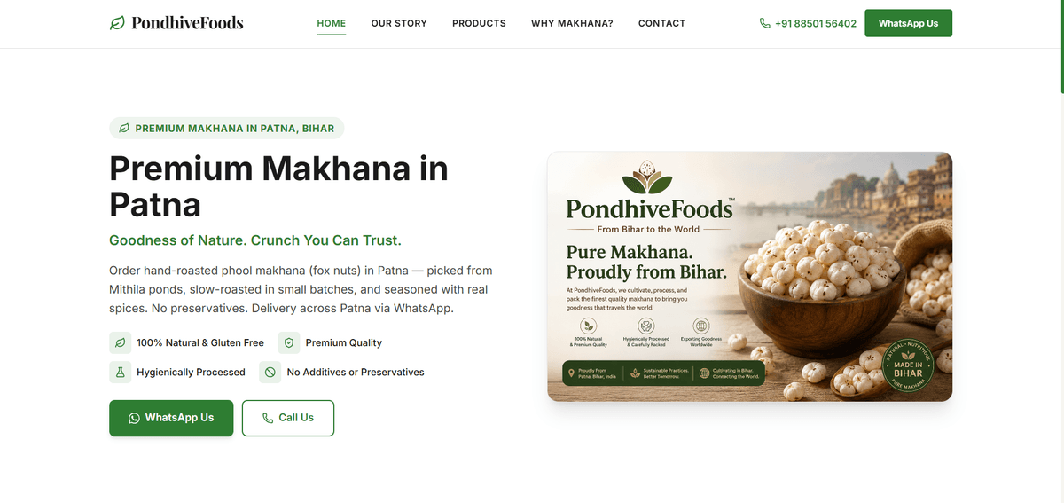 PondhiveFoods premium makhana website live client project built by ChaiCodeStudio