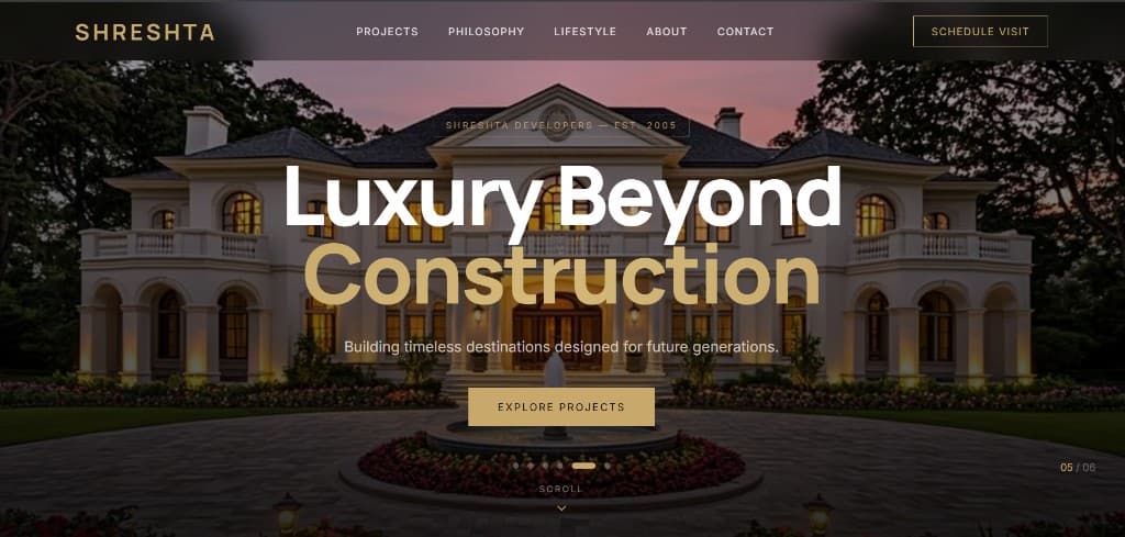 Shreshta Developers luxury real estate website showcase by ChaiCodeStudio